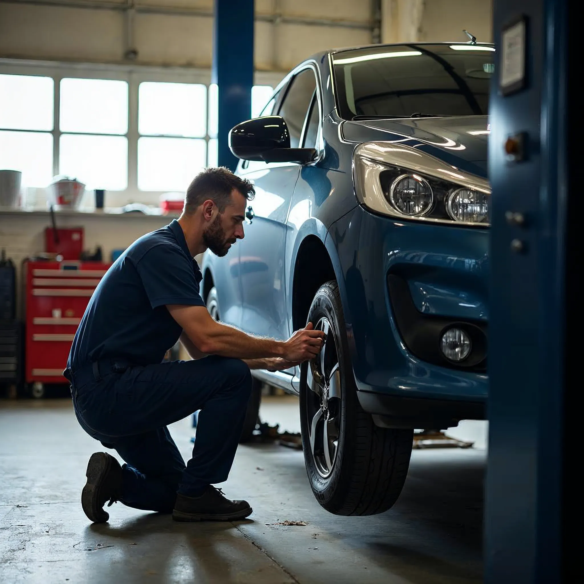 Mécanicien contrôlant la roue d'une voiture dans un atelier automobile