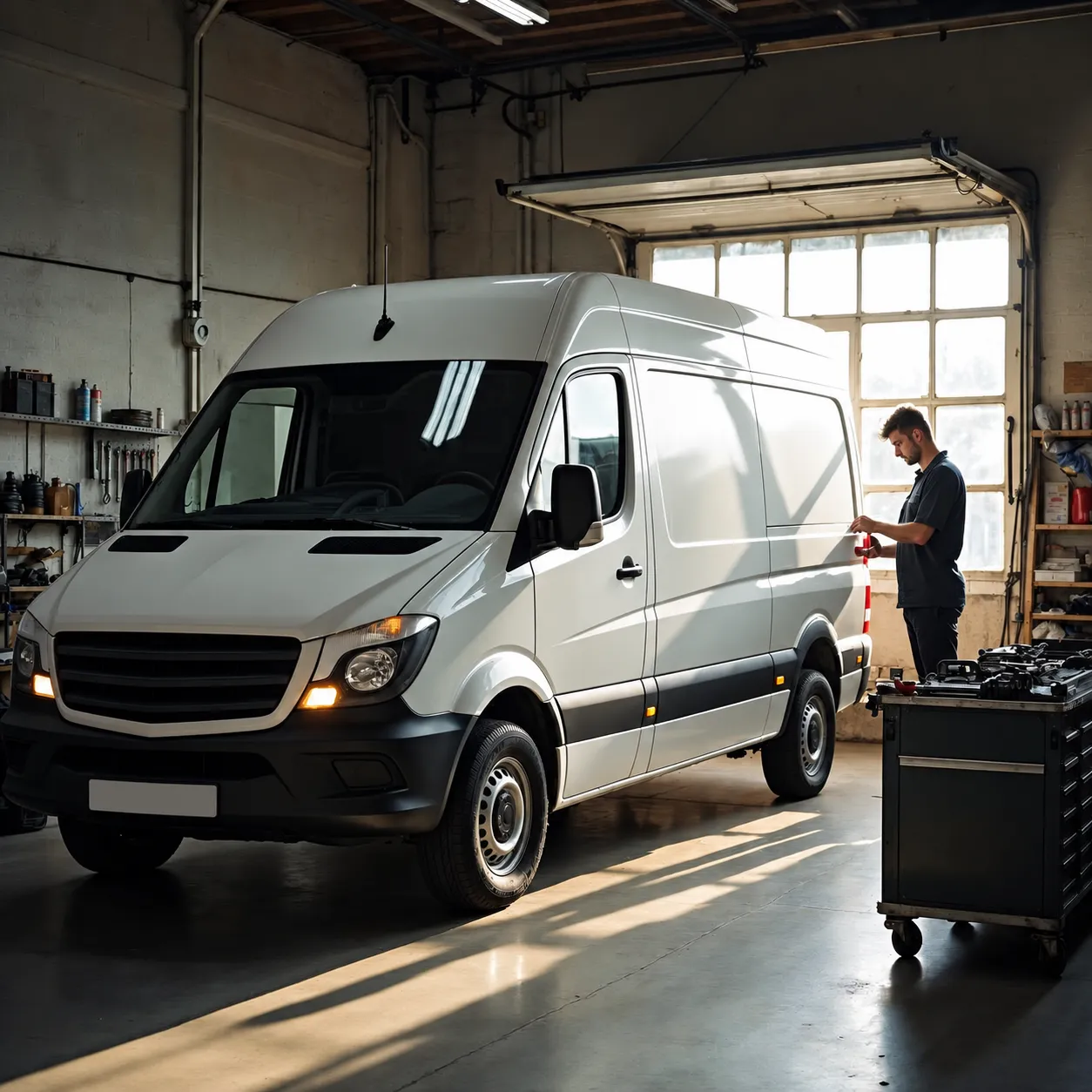 Utilitaire blanc sans marque dans un atelier automobile